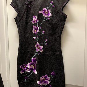 Traditional Chinese dress, mini, black with purple flowers